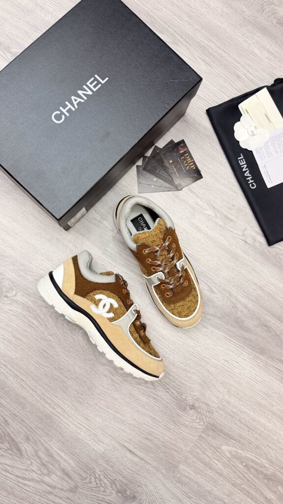 Chanel CC Runner Sneaker — Camel Tweed & Suède