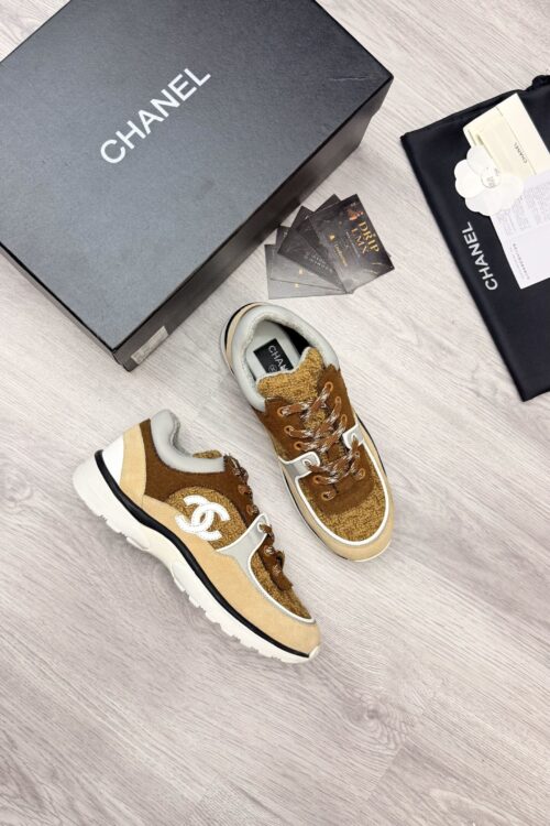 Chanel CC Runner Sneaker — Camel Tweed & Suède